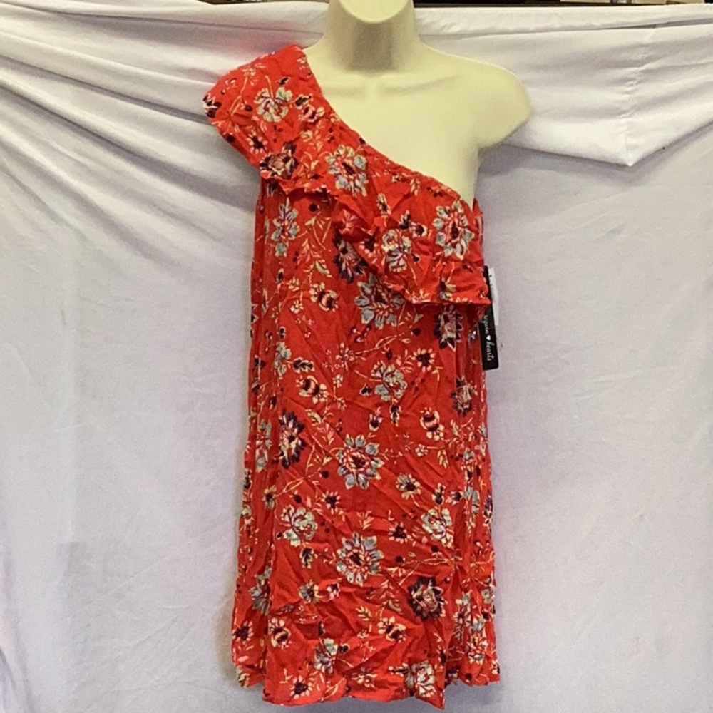 Sequin hearts Red floral one shoulder ruffled dress.